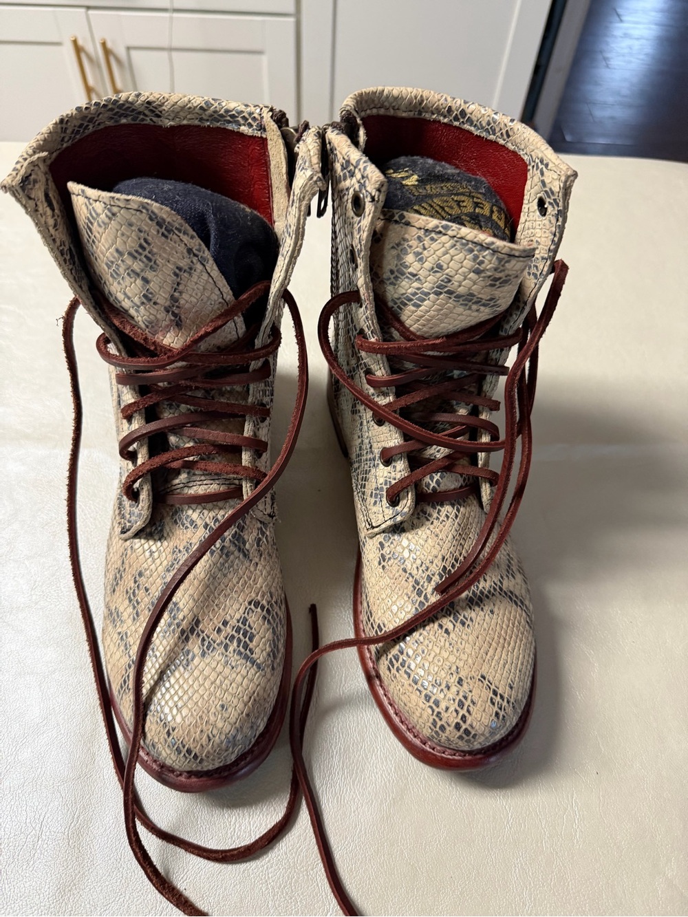 Freebird by Steven Beige Snake-Print Combat Boots with Burgundy Trim